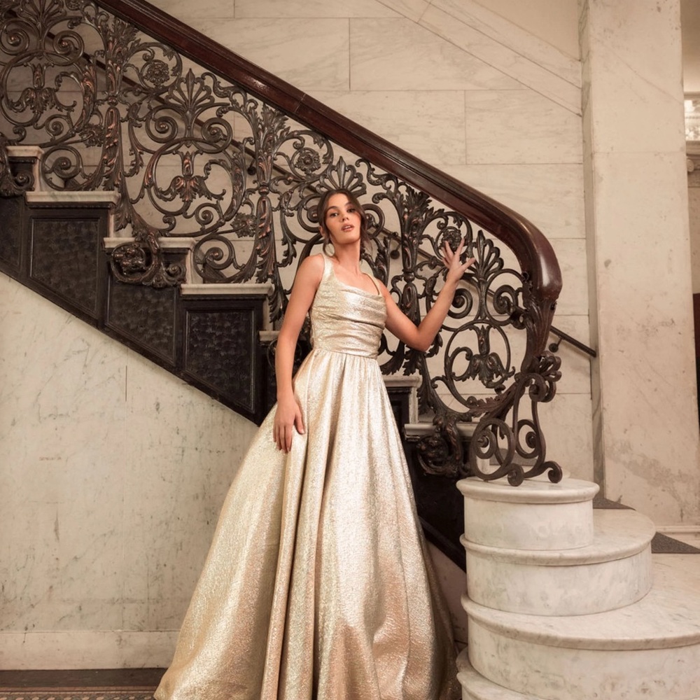 Mac Duggal Gold Metallic Pleated Bodice Ballgown